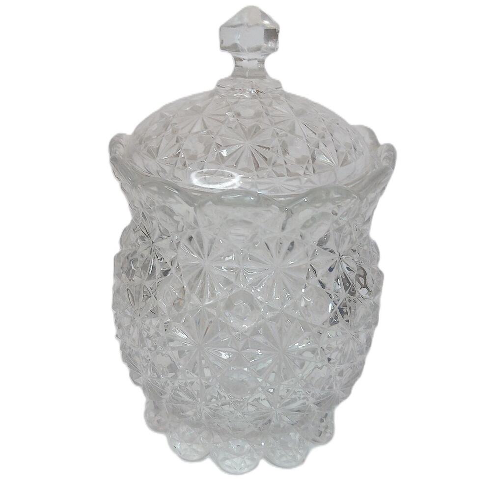 Vintage Clear Pressed Glass Trinket Jar with Lid Diamond Cut Crystal Candy Dish